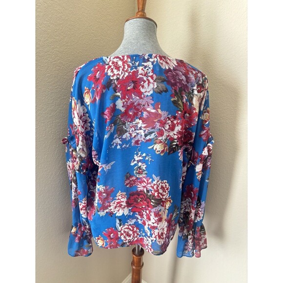 Elie Tahari Size Medium Blue Red Floral Print Ruffle Sleeve Sheer Blouse - Picture 6 of 7